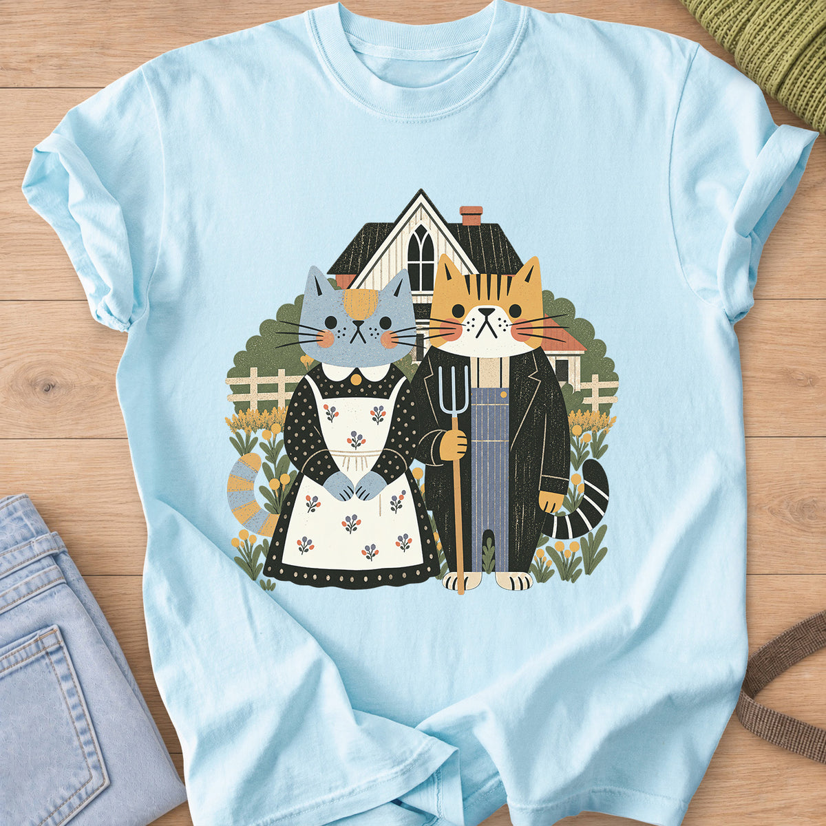 Two cats posed as American Gothic with pitchfork, apron, farmhouse and flowers on a Chambray T-Shirt