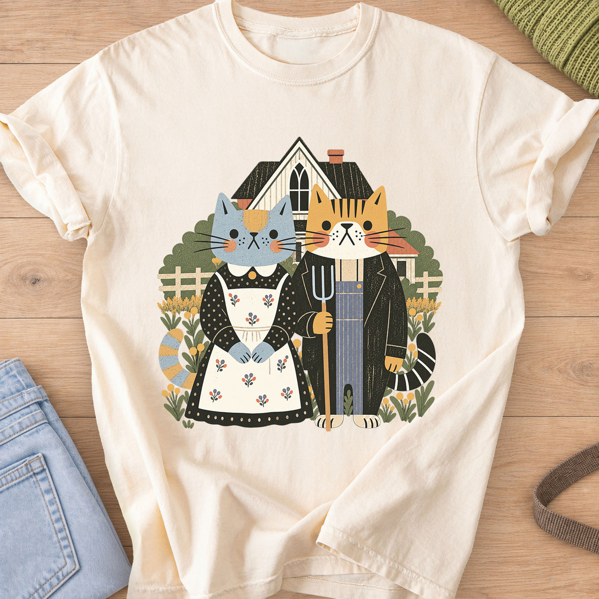 Two cats posed as American Gothic with pitchfork, apron, farmhouse and flowers on an Ivory T-Shirt