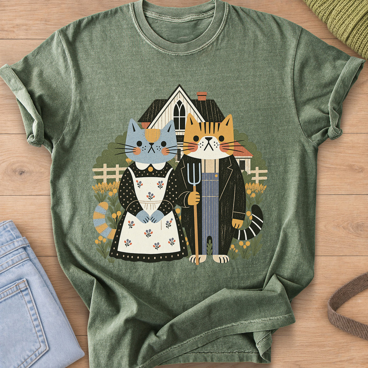 Two cats posed as American Gothic with pitchfork, apron, farmhouse and flowers on a Moss T-Shirt