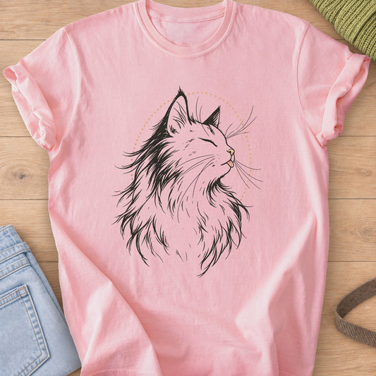 Fluffy cat, eyes closed, tiny tongue out, framed by a dotted arc, black and tan ink on a Blossom T-Shirt