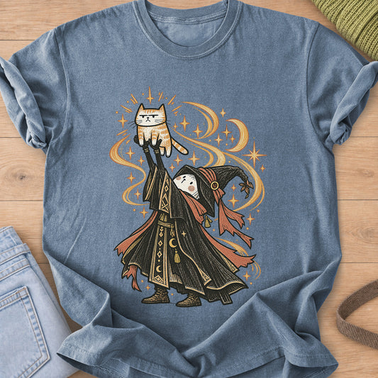 Robed wizard holds a grumpy tabby cat high overhead amid swirling stars and moons on a Blue Jean T-Shirt