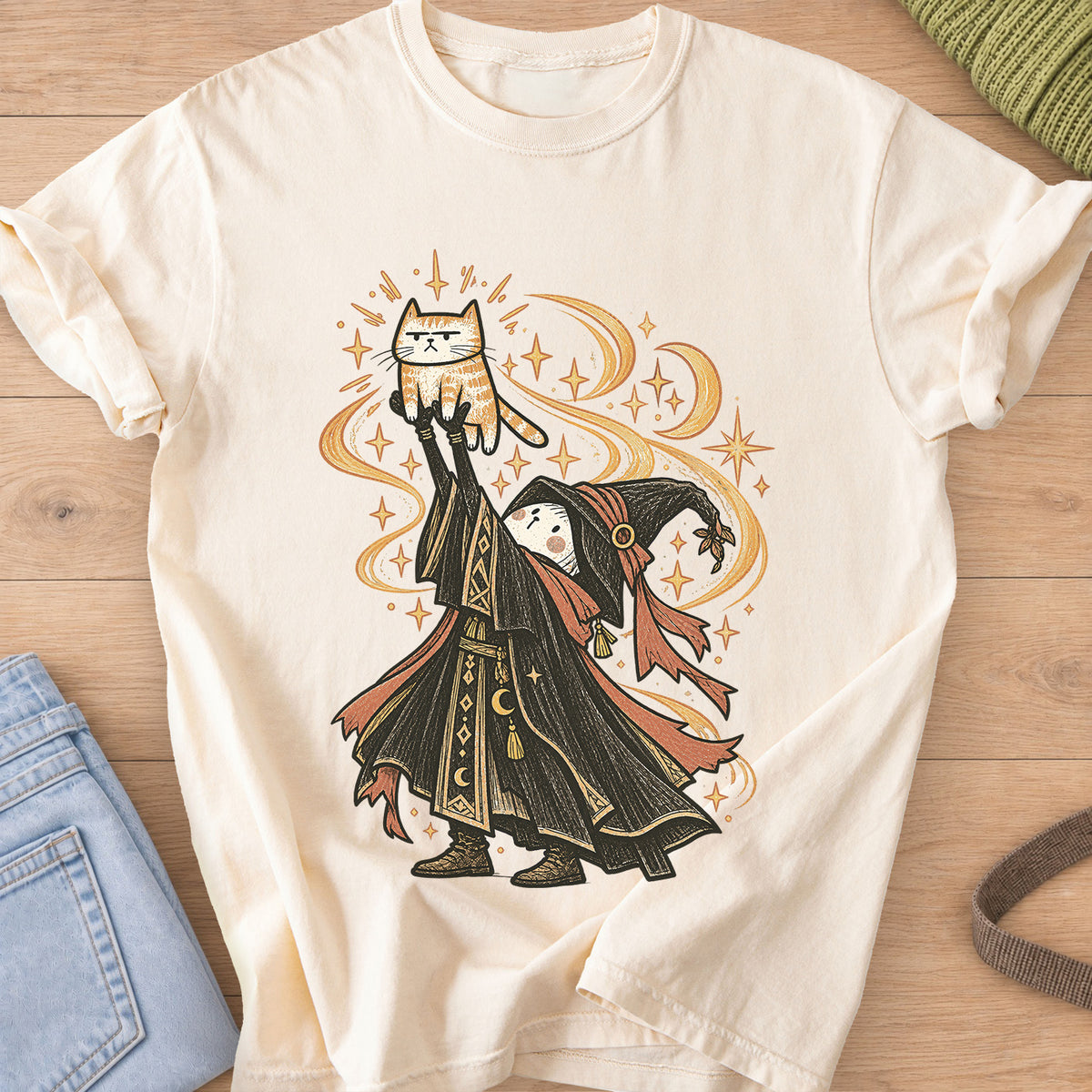 Robed wizard holds a grumpy tabby cat high overhead amid swirling stars and moons on an Ivory T-Shirt