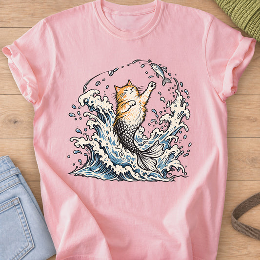 Fluffy cat with a mermaid tail rising from crashing waves, pawing at a hooked fish on a Blossom T-Shirt