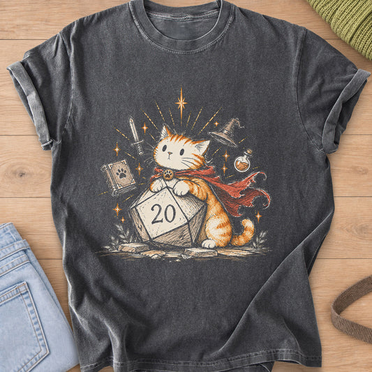 Caped tabby cat leaning on a 20-sided die, sword, spellbook, wizard hat and potion on a Pepper T-Shirt
