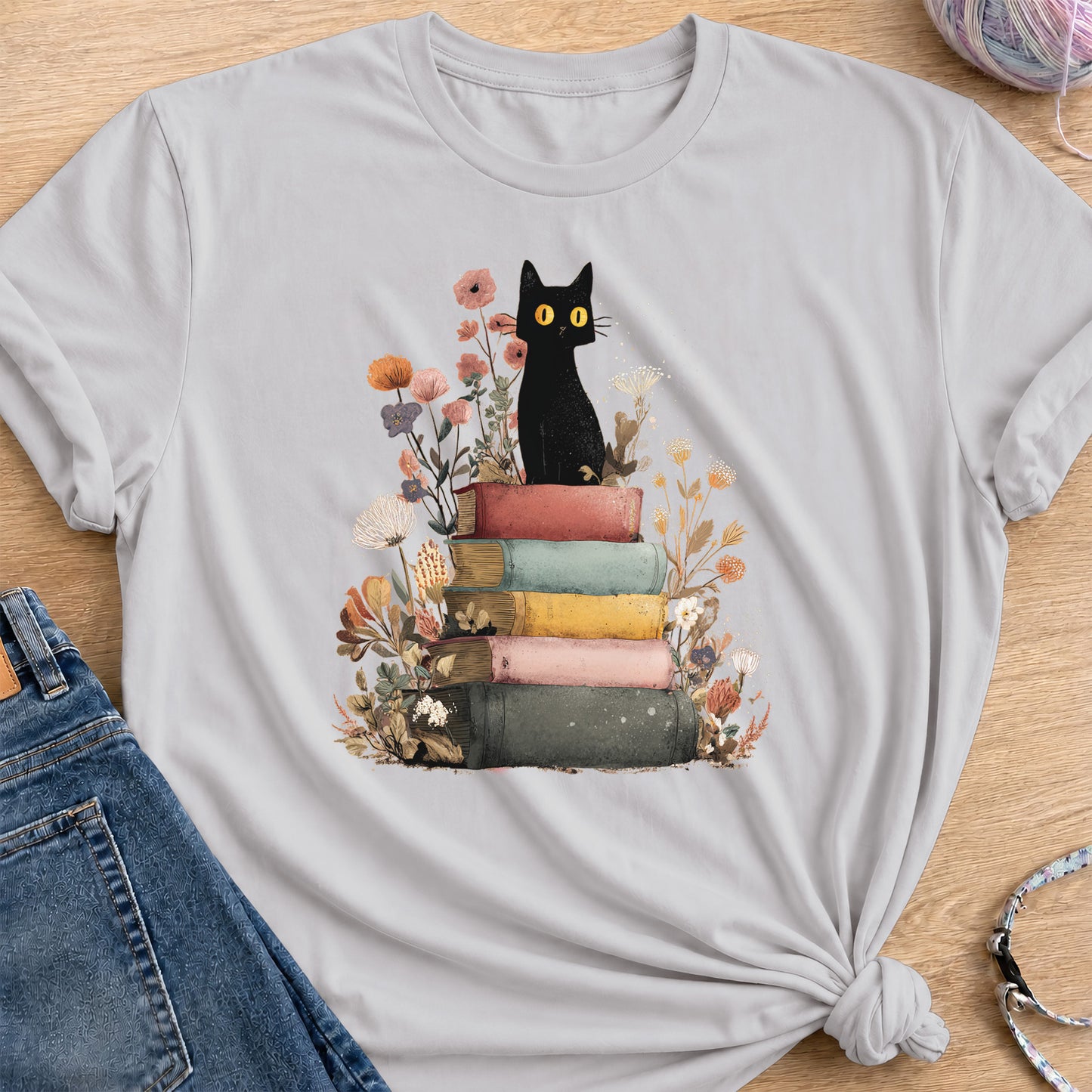 Mystic Library Cat T-Shirt — Ice Grey