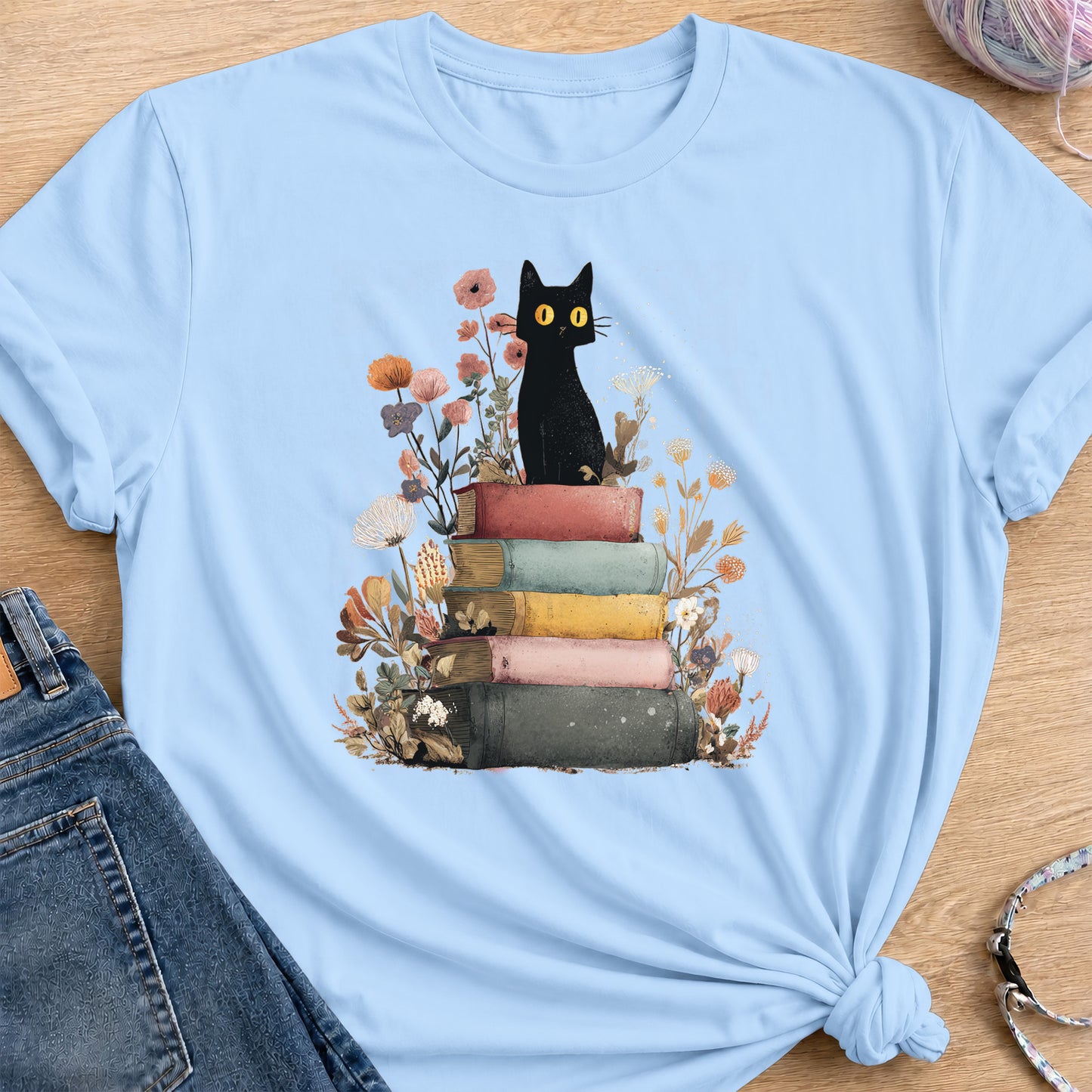 Mystic Library Cat T-Shirt — Light Blue