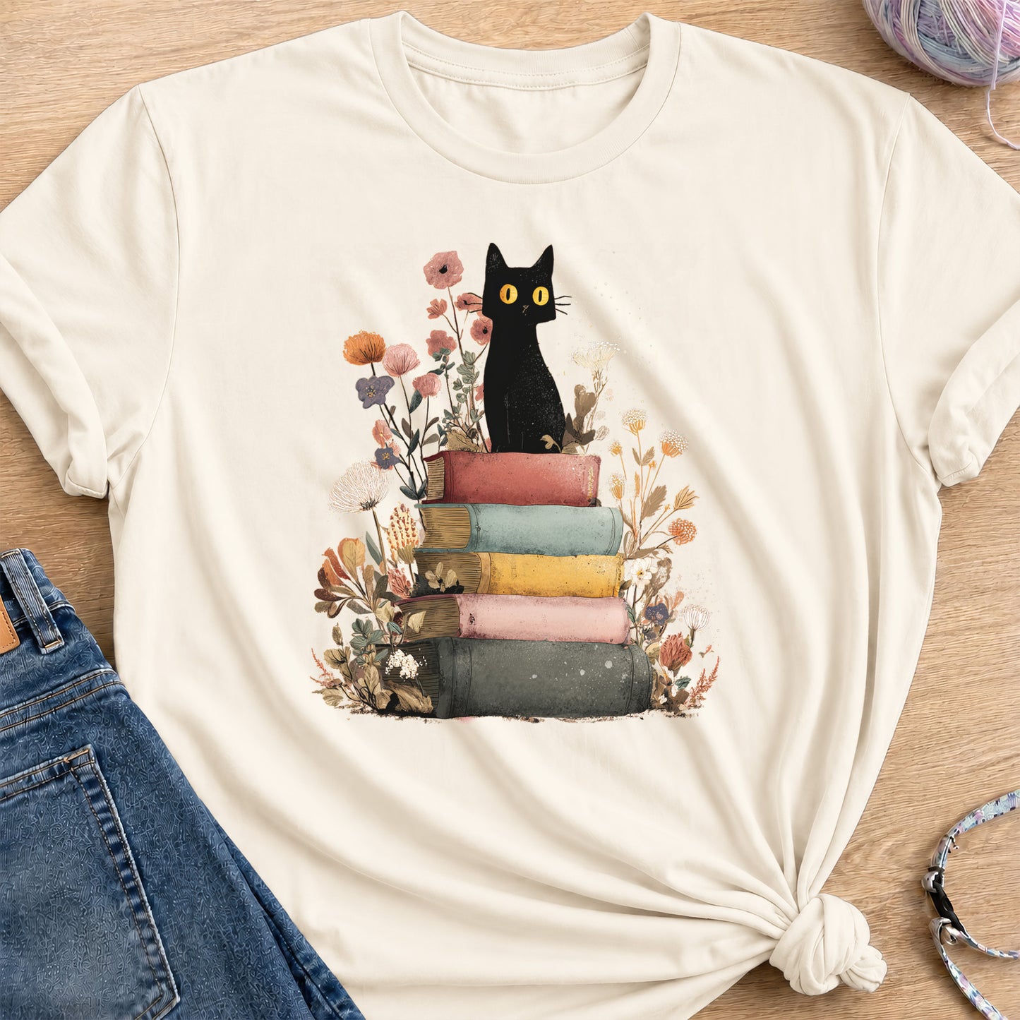 Mystic Library Cat T-Shirt — Natural