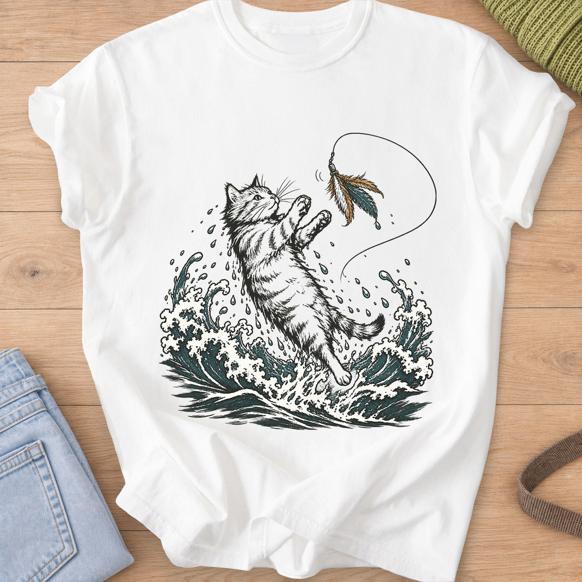 Tabby cat leaping from crashing ocean waves to catch a feather wand toy on a White T-Shirt