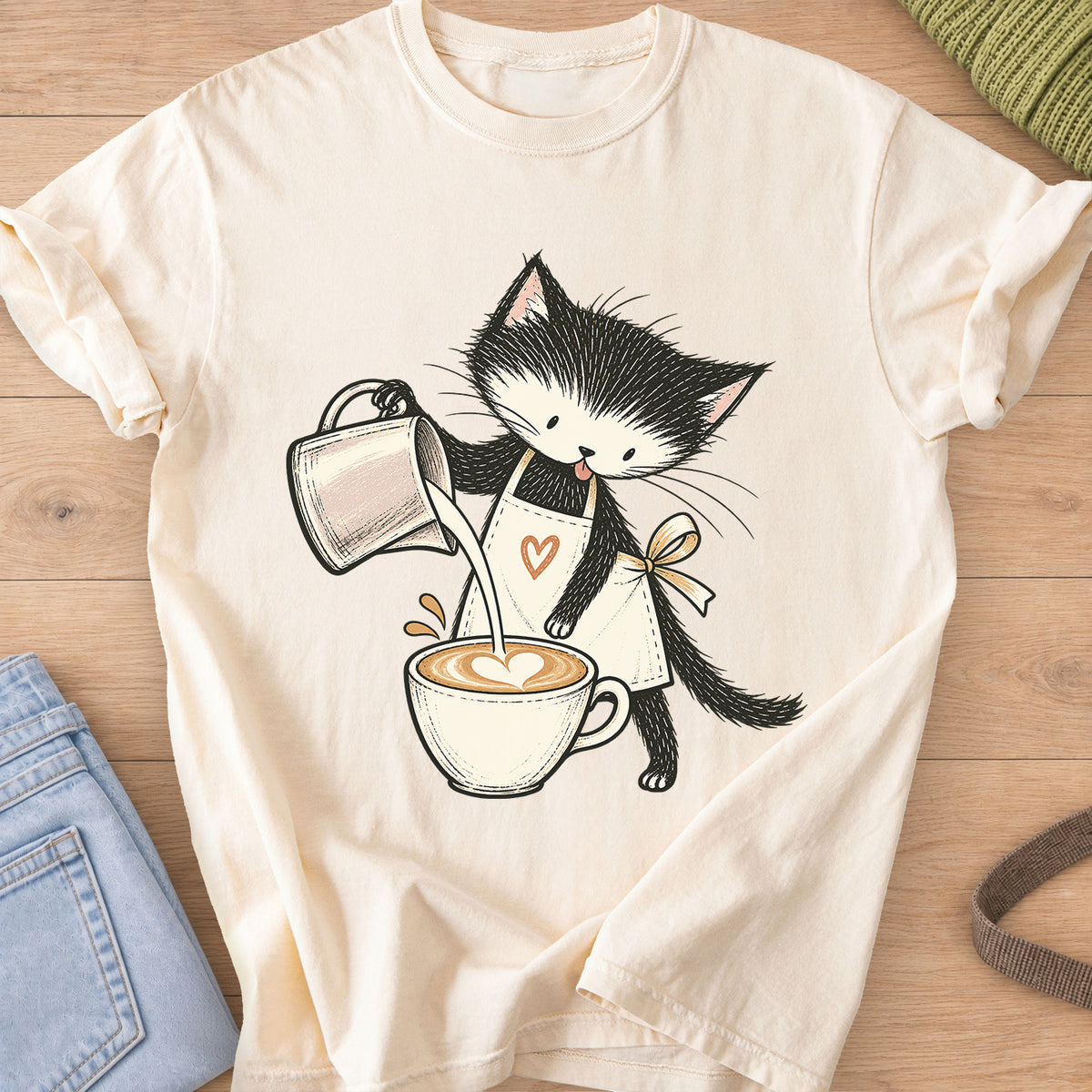 Black and white kitten in an apron pouring milk into a latte with a foam heart on an Ivory T-Shirt