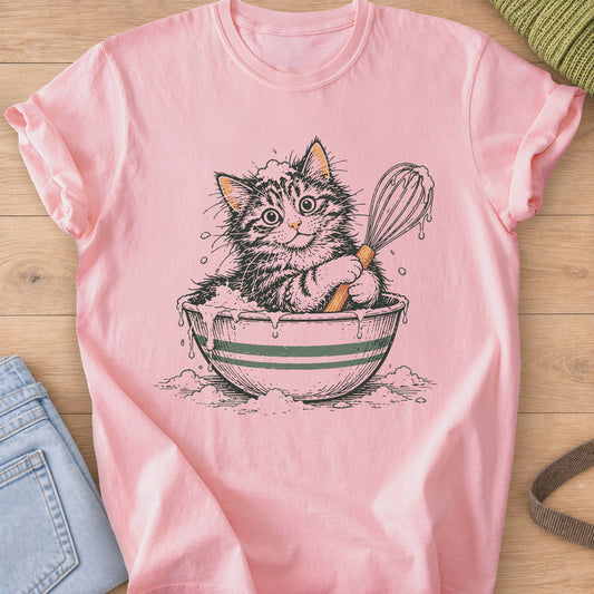 Tabby kitten sitting in a striped mixing bowl of batter, holding a dripping whisk on a Blossom T-Shirt