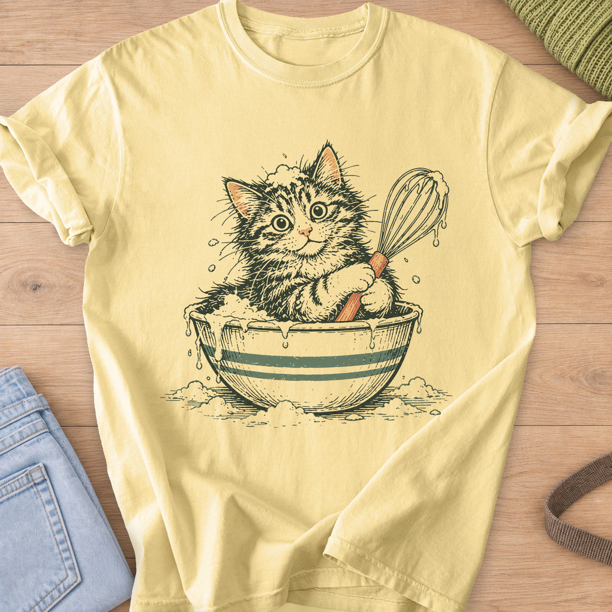Tabby kitten sitting in a striped mixing bowl of batter, holding a dripping whisk on a Butter T-Shirt
