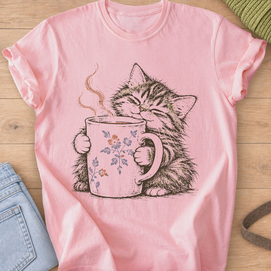 Tabby kitten with closed eyes hugging a steaming mug painted with small flowers on a Blossom T-Shirt
