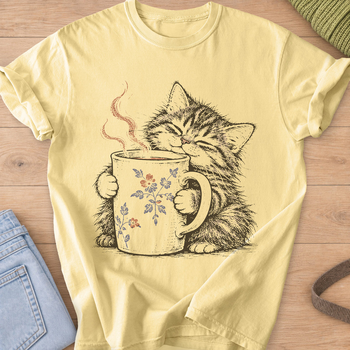 Tabby kitten with closed eyes hugging a steaming mug painted with small flowers on a Butter T-Shirt