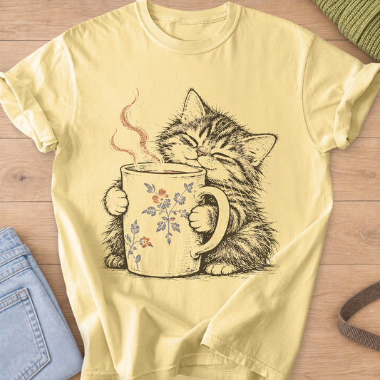 Tabby kitten with closed eyes hugging a steaming mug painted with small flowers on a Butter T-Shirt