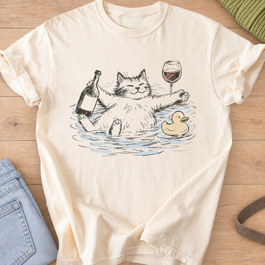 Smiling fluffy cat soaking in a bath with wine bottle, wine glass and rubber duck on an Ivory T-Shirt