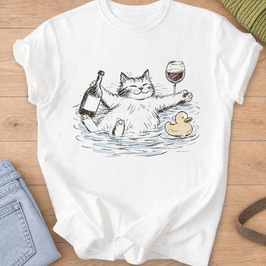 Smiling fluffy cat soaking in a bath with wine bottle, wine glass and rubber duck on a White T-Shirt