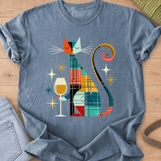 Geometric patchwork cat with closed eyes holding a wine glass among starbursts on a Blue Jean T-Shirt