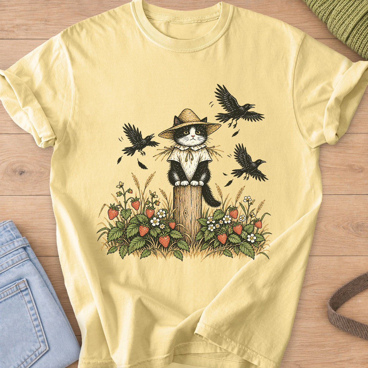 Tuxedo cat in a straw hat as a scarecrow on a post, strawberry plants and crows on a Butter T-Shirt