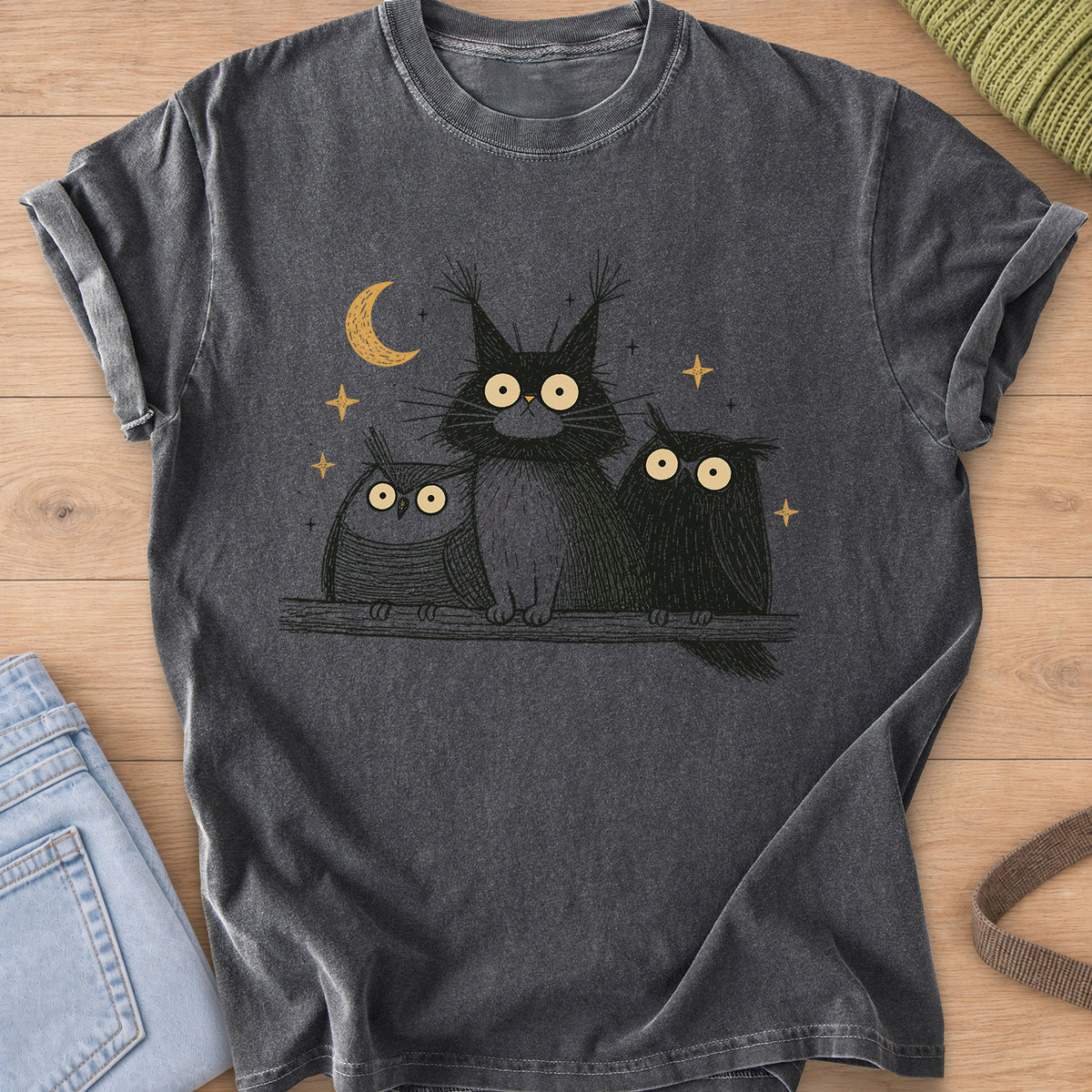 Wide-eyed fluffy cat on a branch between two owls under a crescent moon and stars on a Pepper T-Shirt