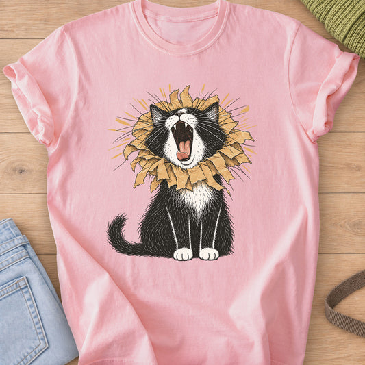Tuxedo cat roaring with a torn paper bag mane like a lion, sunburst rays behind on a Blossom T-Shirt