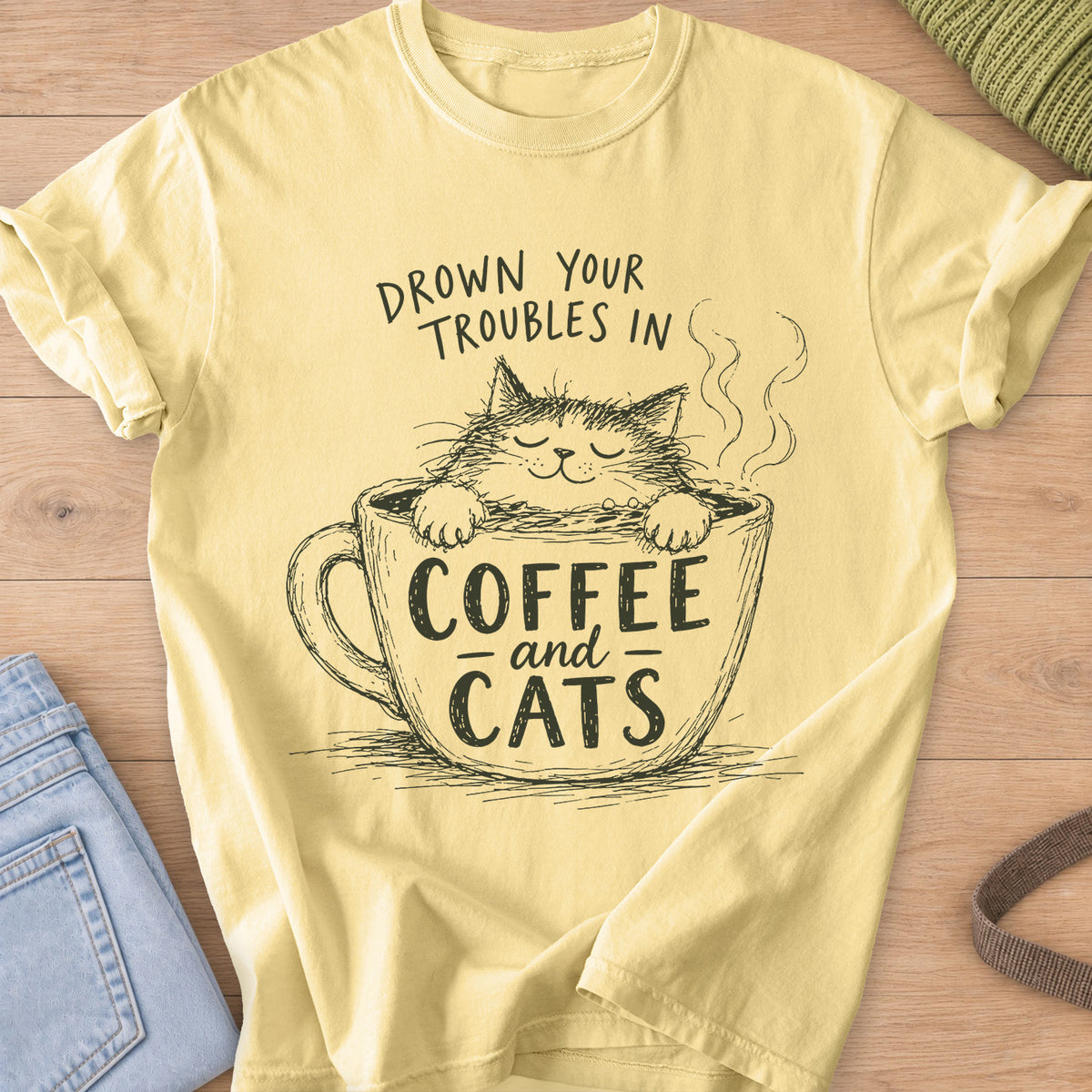 Scruffy cat with closed eyes soaking in a steaming mug that reads "Coffee and Cats", dark charcoal ink on a Butter T-Shirt