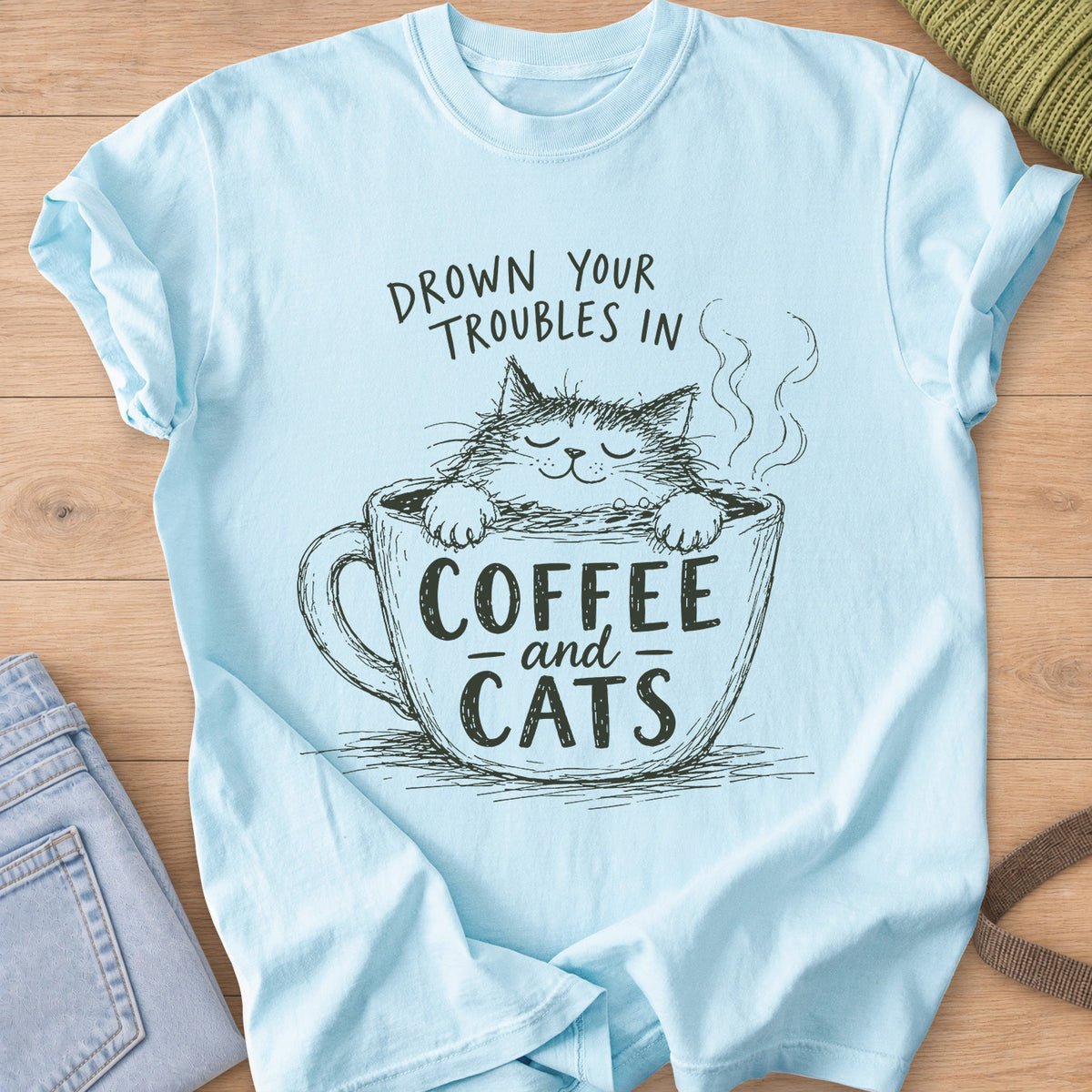 Scruffy cat with closed eyes soaking in a steaming mug that reads "Coffee and Cats", dark charcoal ink on a Chambray T-Shirt
