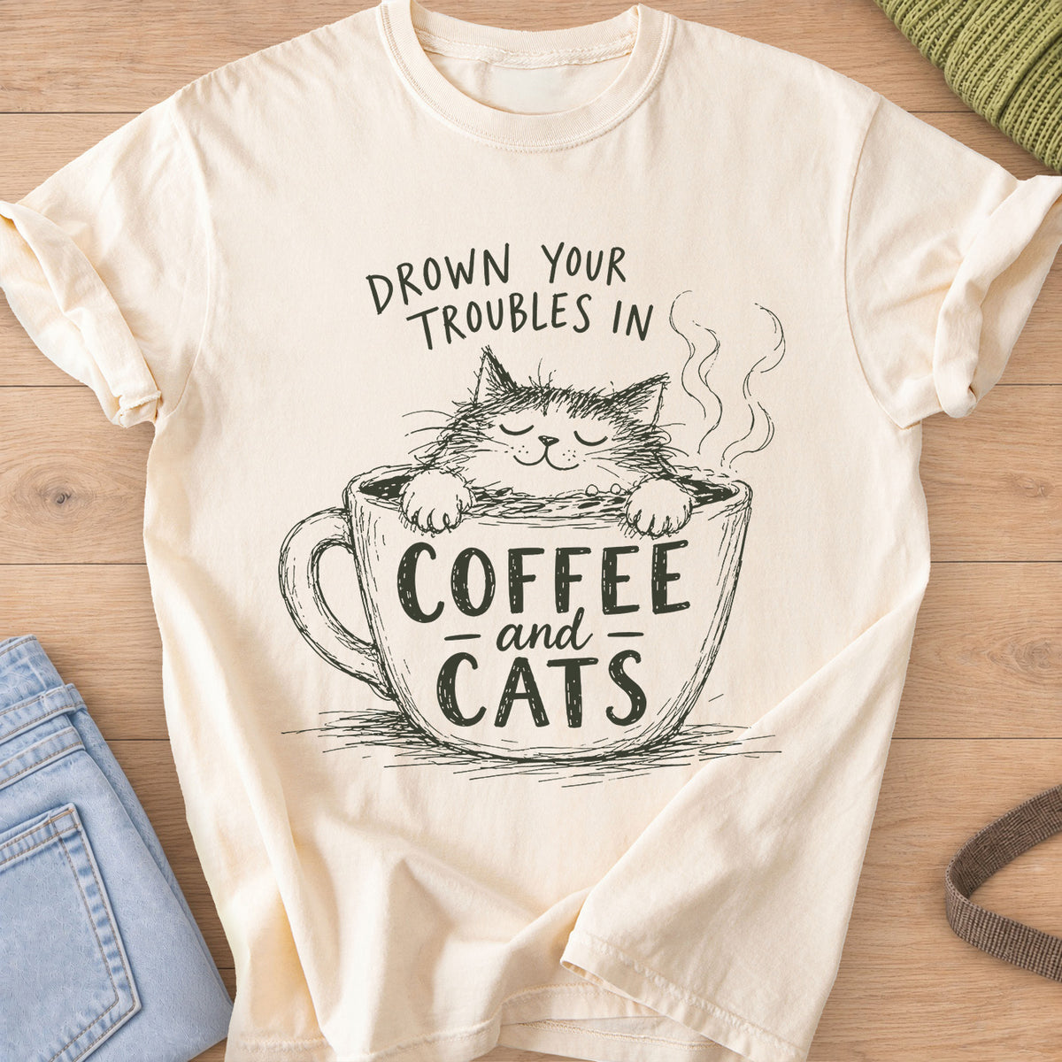 Scruffy cat with closed eyes soaking in a steaming mug that reads "Coffee and Cats", dark charcoal ink on an Ivory T-Shirt