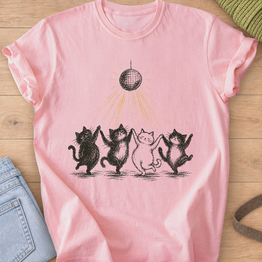 Four cats dancing paw in paw in a line under a disco ball casting light rays, black and gold ink on a Blossom T-Shirt