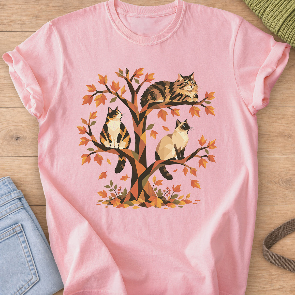 Calico, tabby and Siamese cats perched in a geometric autumn tree with leaves on a Blossom T-Shirt