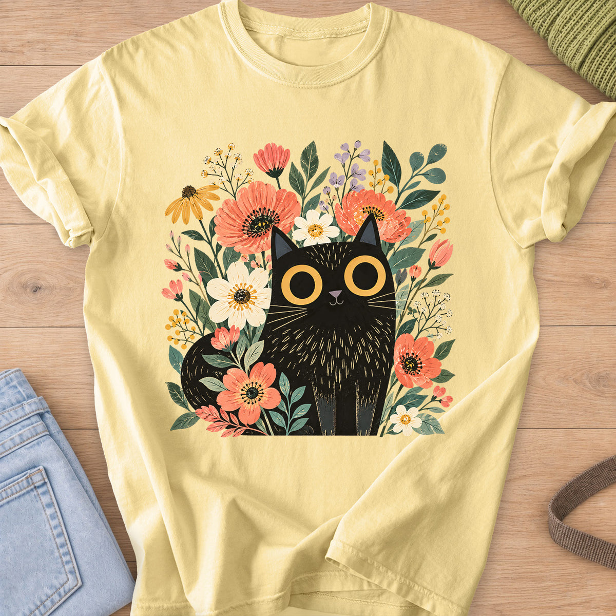 Black cat with big round eyes sitting among wildflowers, daisies and leaves on a Butter T-Shirt