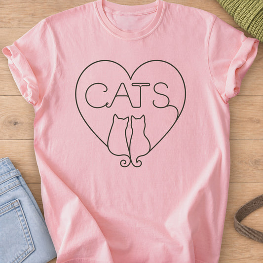 Two cats seen from behind with curled tails below "CATS" inside a heart outline, dark charcoal ink on a Blossom T-Shirt