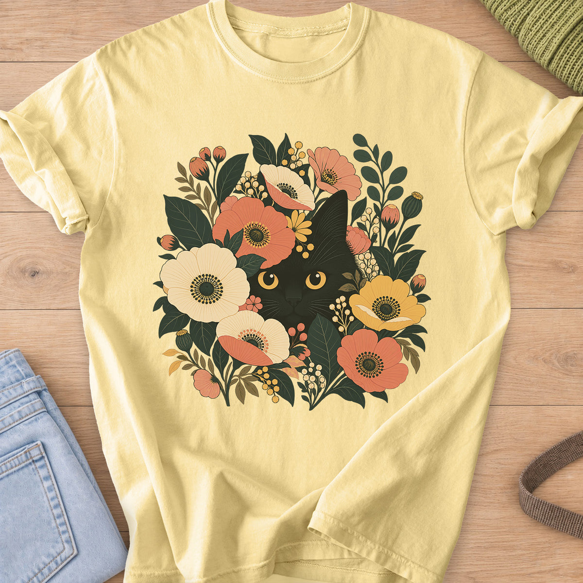 Black cat with round golden eyes peeking out from flowers, leaves and berry clusters on a Butter T-Shirt