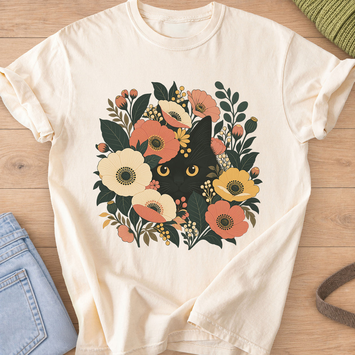Black cat with round golden eyes peeking out from flowers, leaves and berry clusters on an Ivory T-Shirt