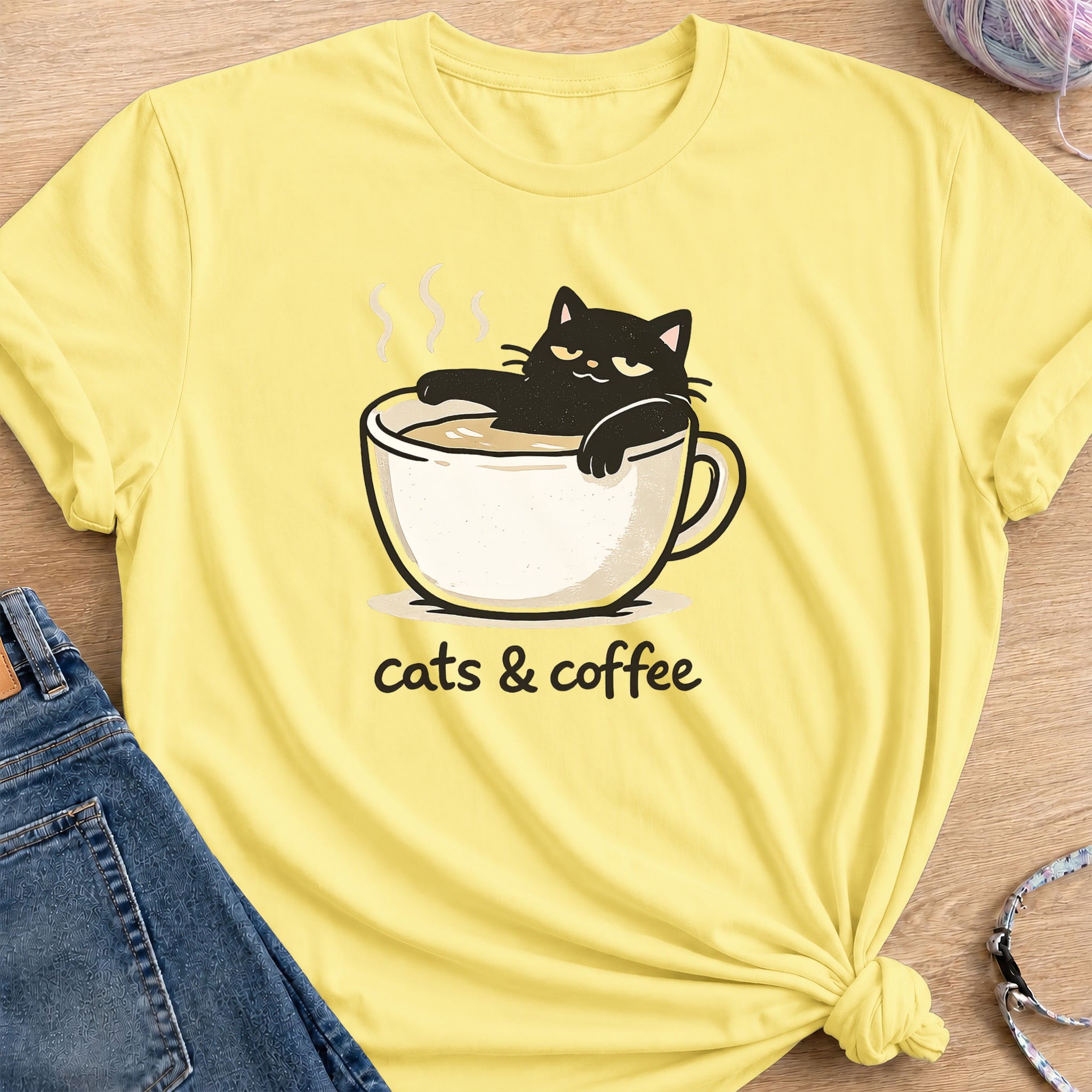 Cat and Coffee T-shirt — Cornsilk