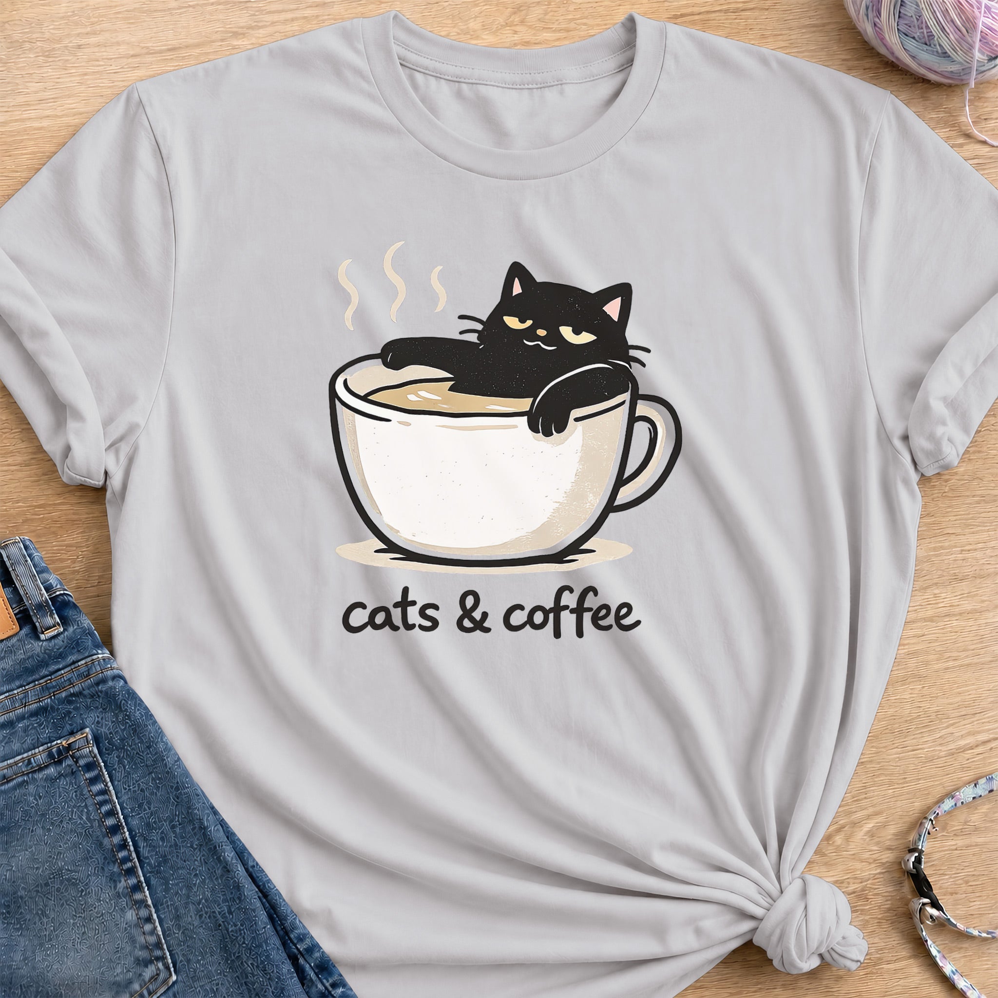 Cat and Coffee T-shirt — Ice Grey