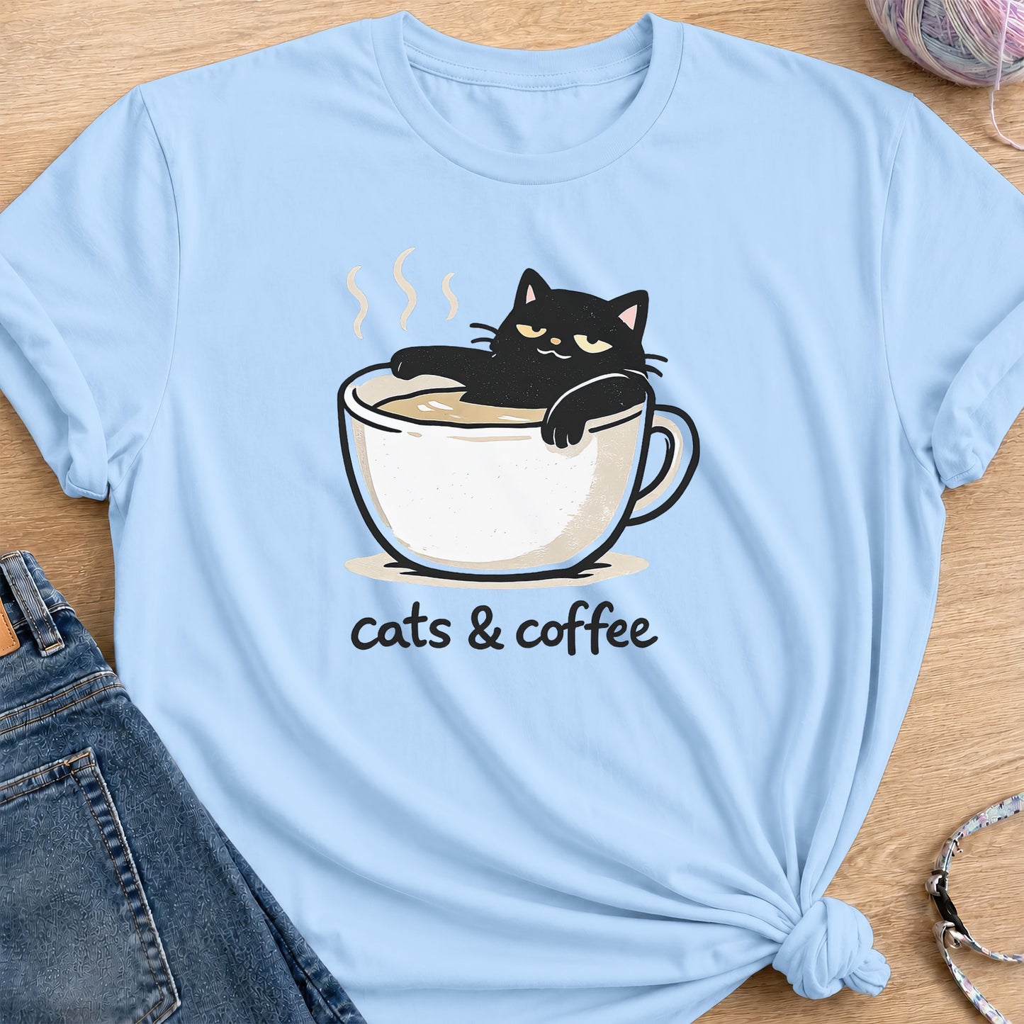Cat and Coffee T-shirt — Light Blue
