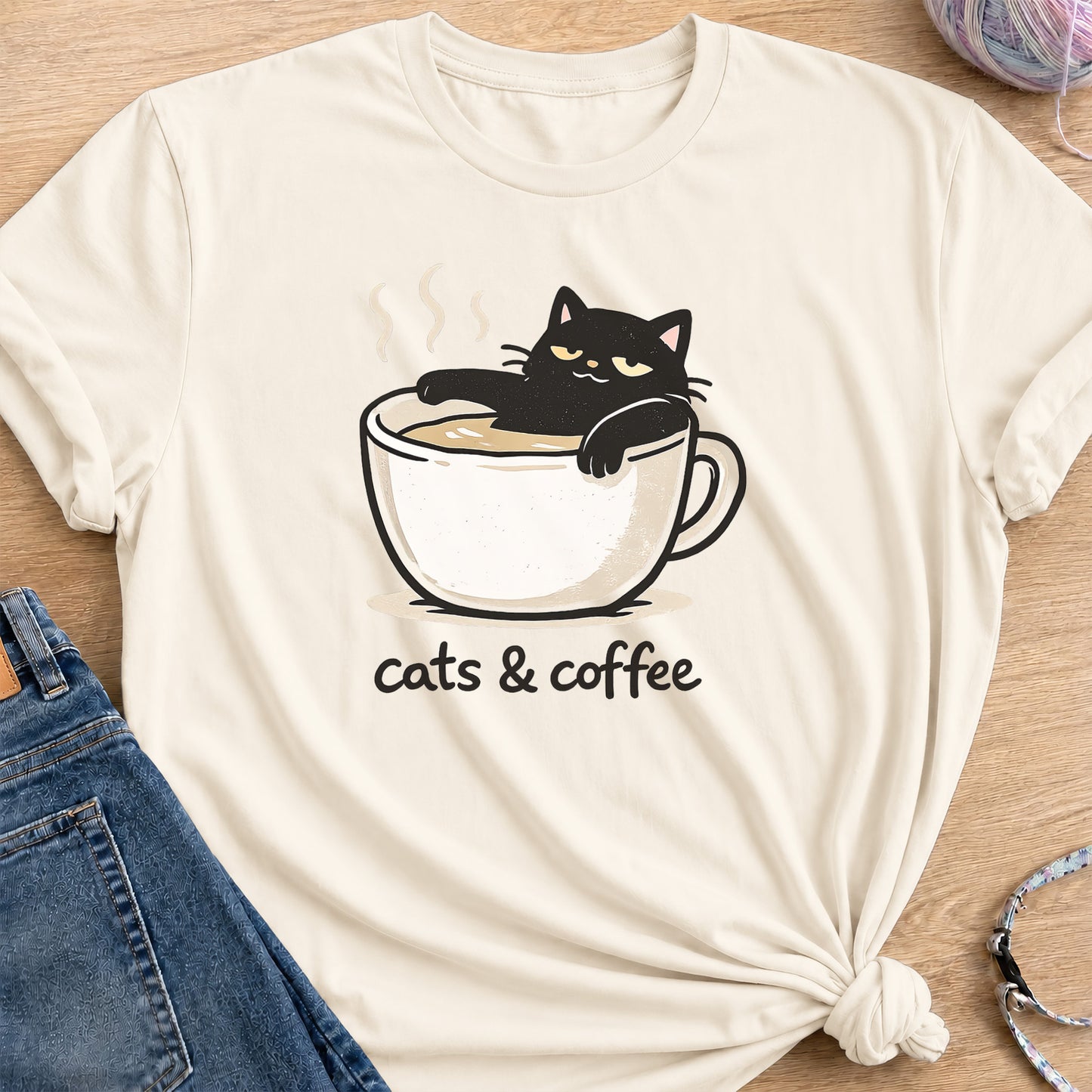 Cat and Coffee T-shirt — Natural