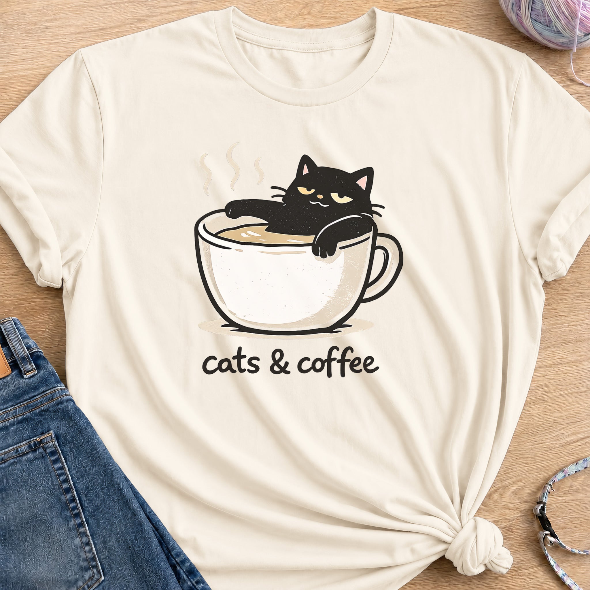 Cat and Coffee T-shirt — Natural