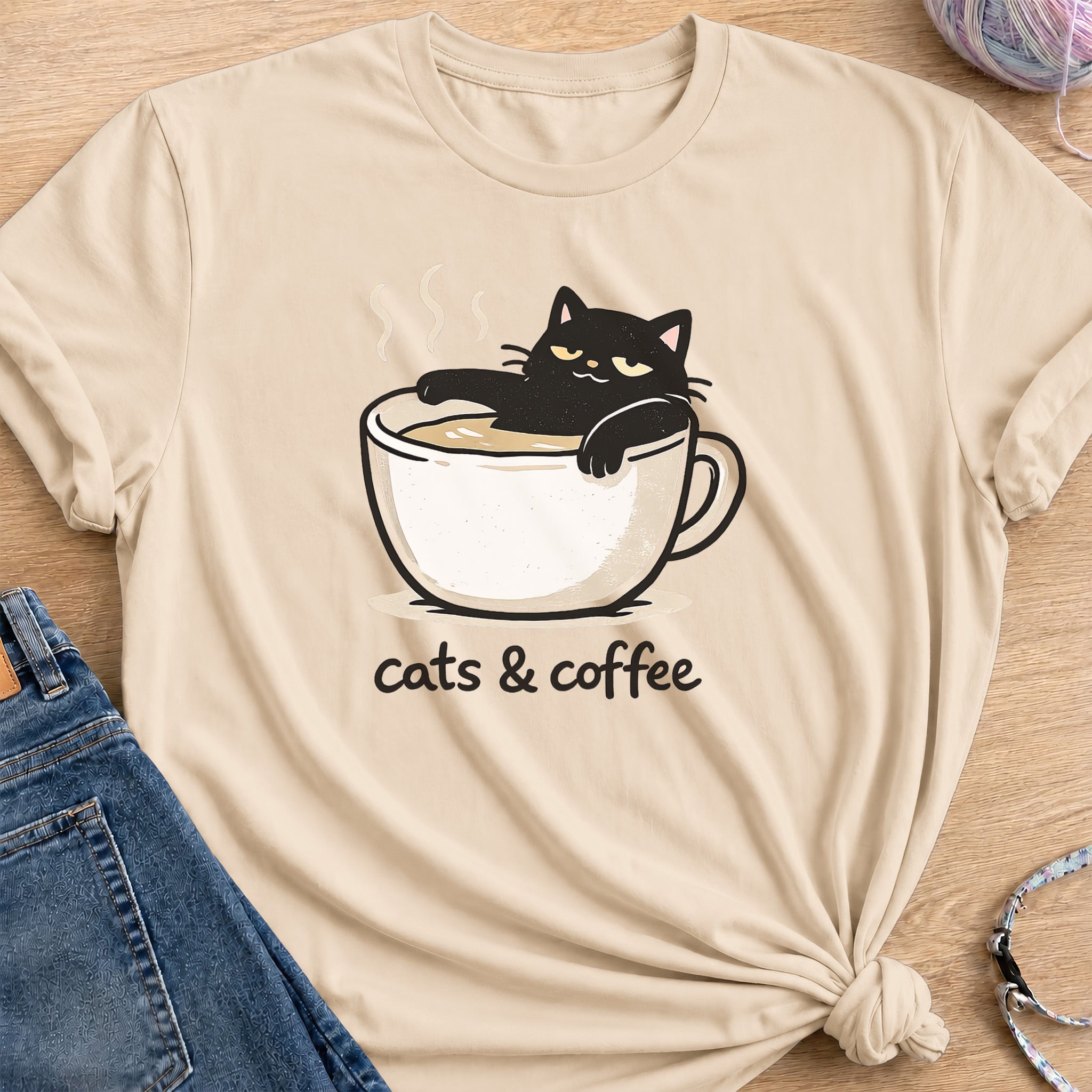 Cat and Coffee T-shirt — Sand