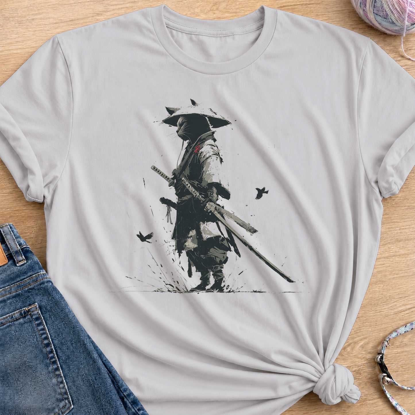 Samurai Cat T-Shirt — Ice Grey