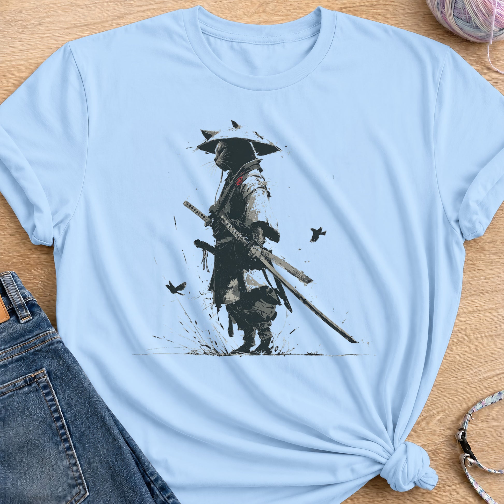 Samurai Cat T-Shirt — Light Blue