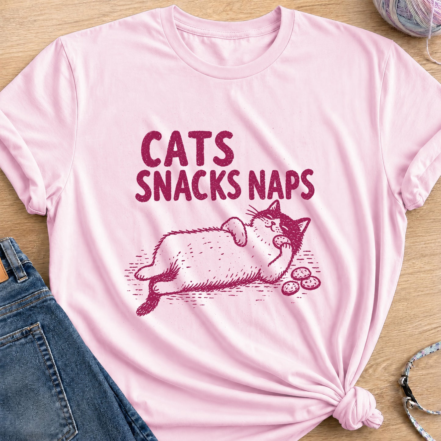 Cats Snacks Naps T-Shirt — Light Pink