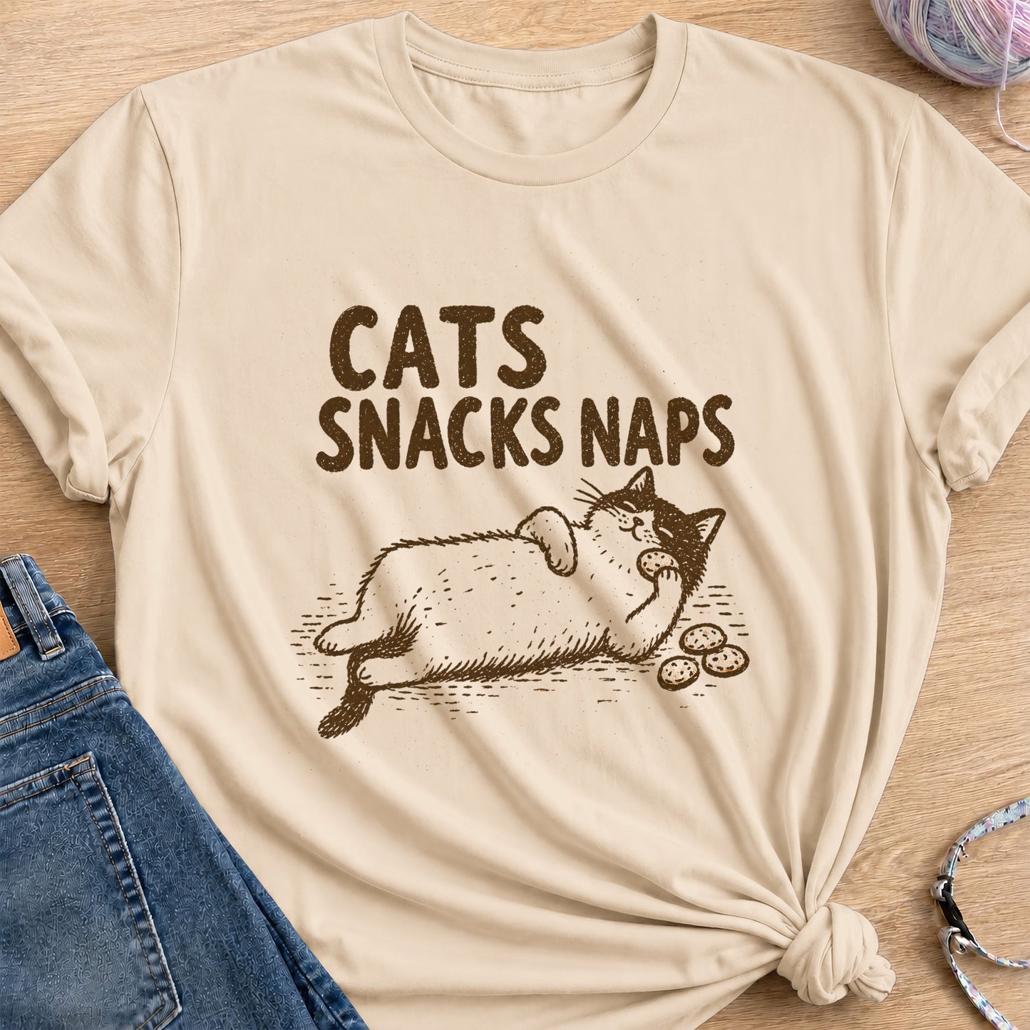 Cats Snacks Naps T-Shirt — Sand