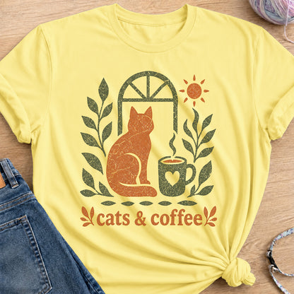 Cats and Coffee T-Shirt — Cornsilk