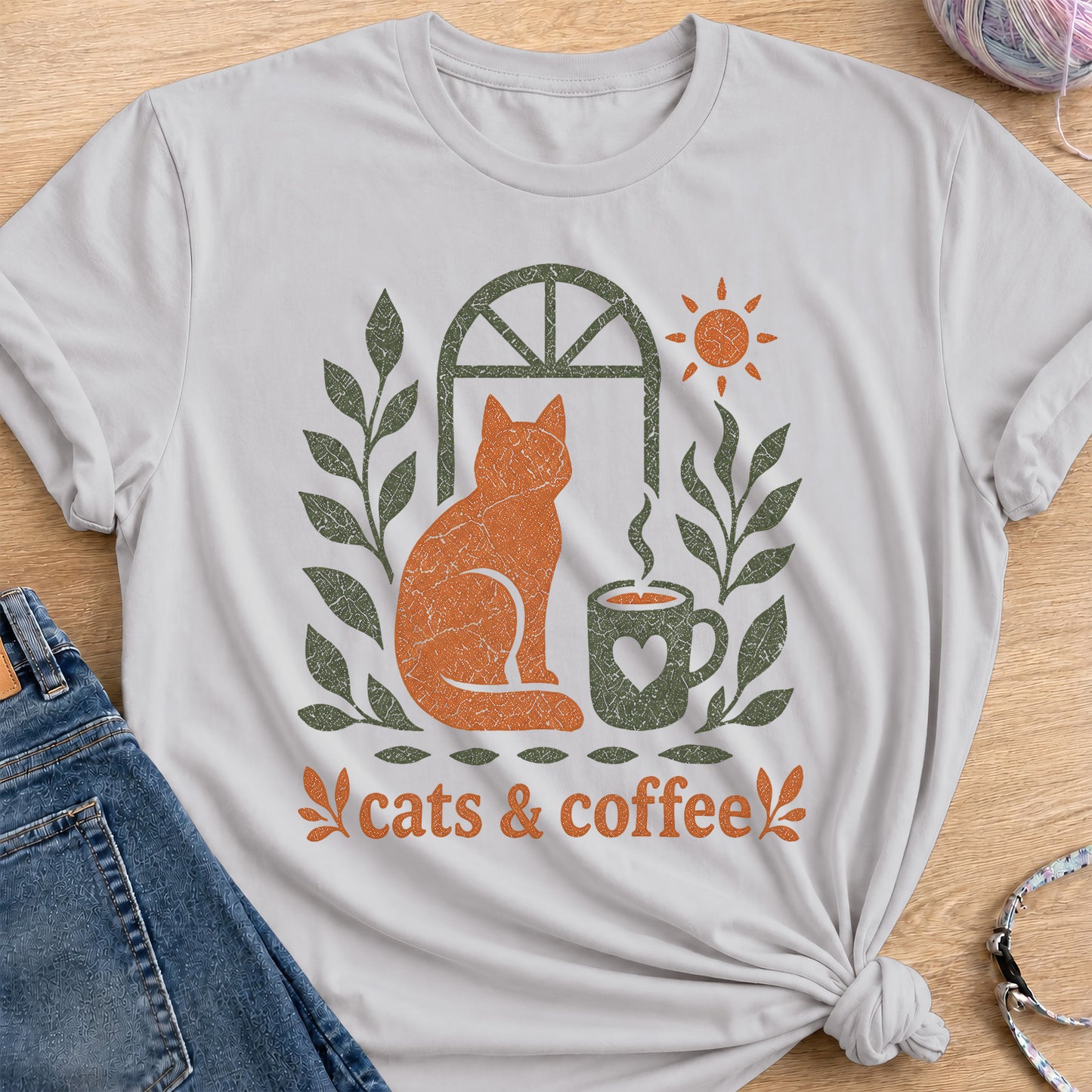 Cats and Coffee T-Shirt — Ice Grey