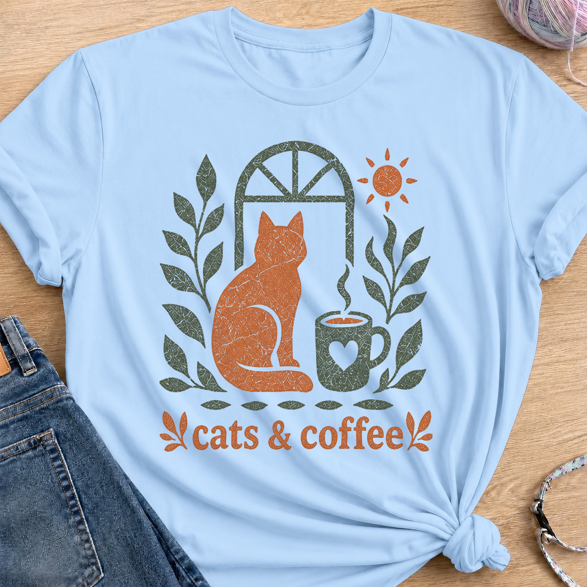 Cats and Coffee T-Shirt — Light Blue