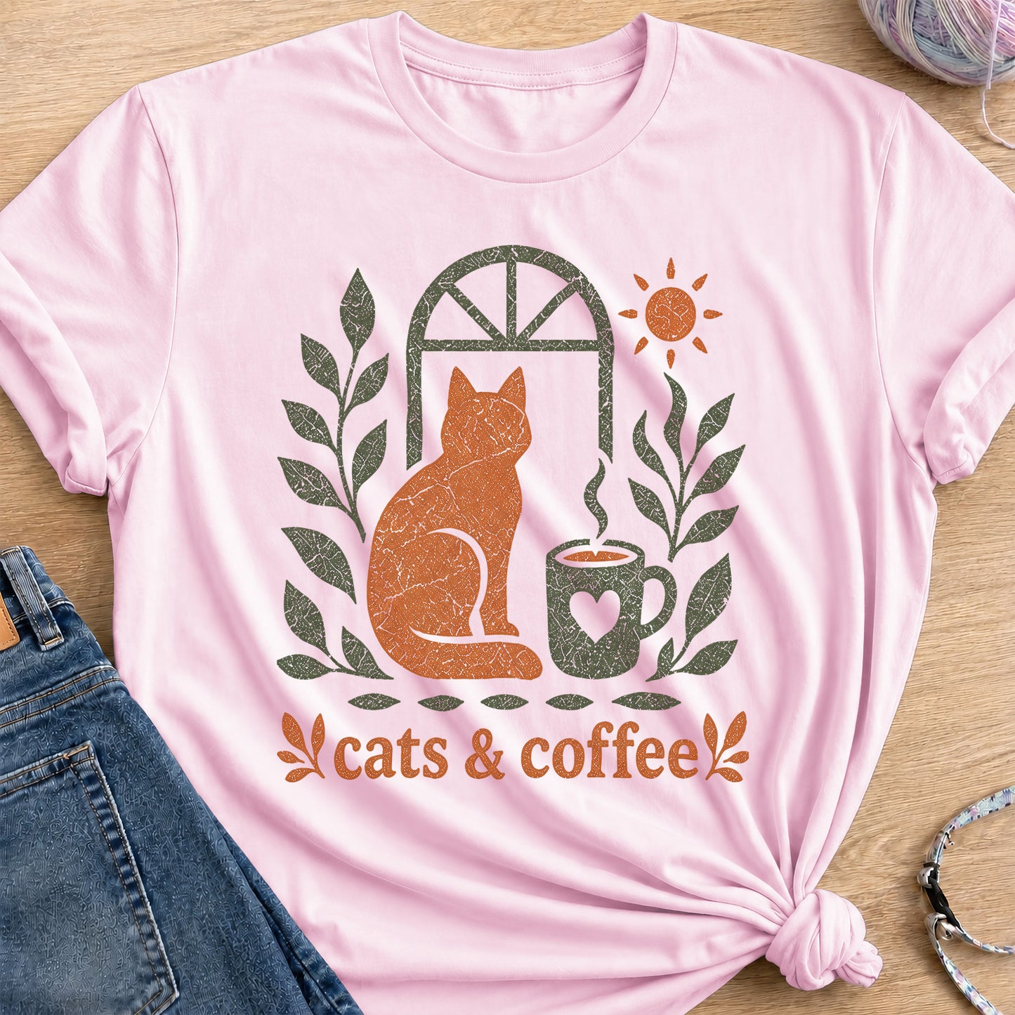 Cats and Coffee T-Shirt — Light Pink
