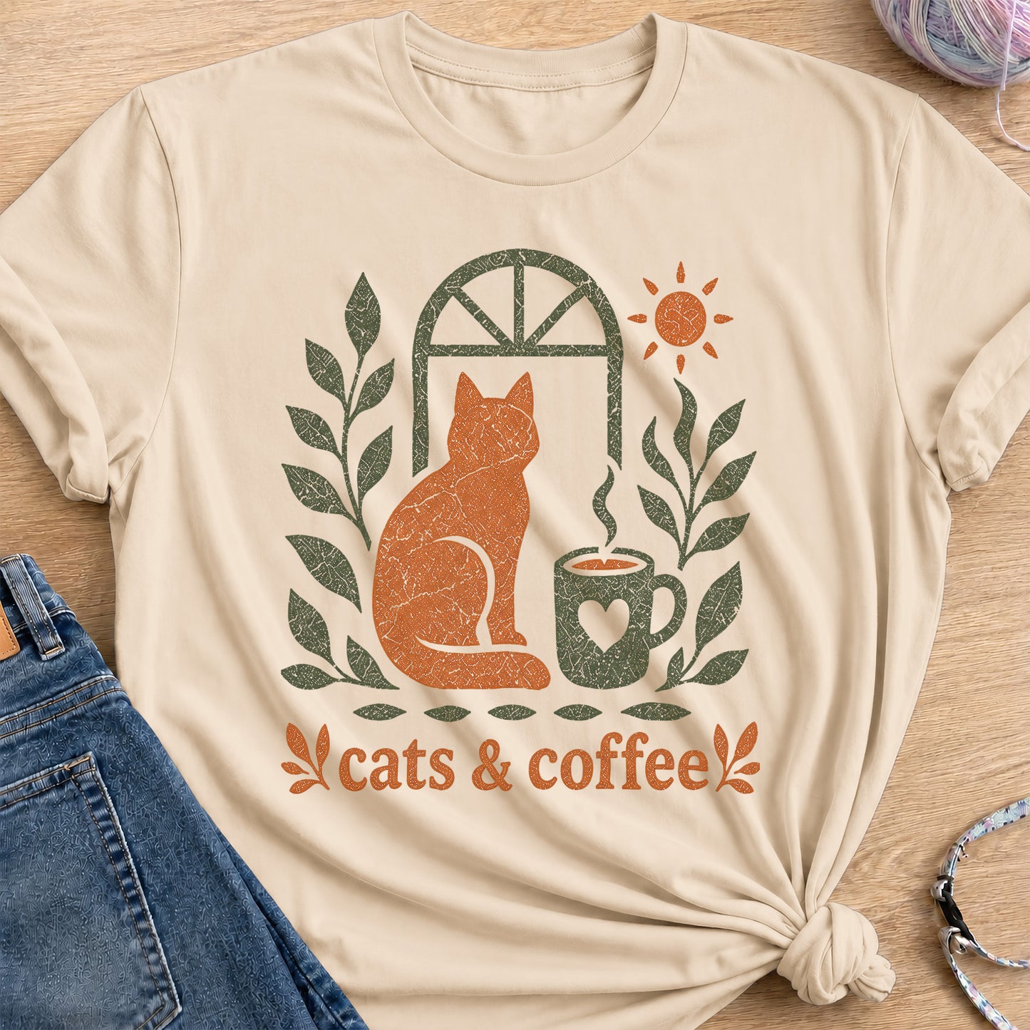 Cats and Coffee T-Shirt — Sand