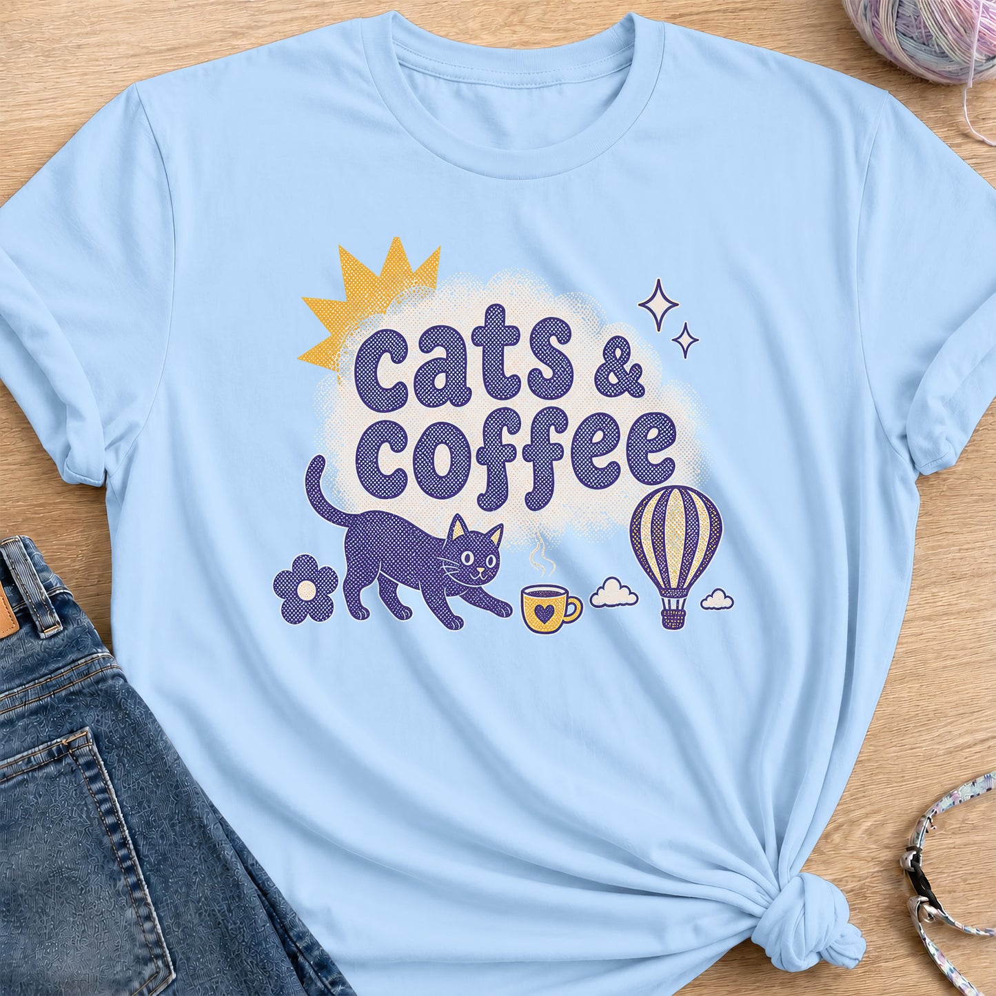 Cats & Coffee T-Shirt — Light Blue