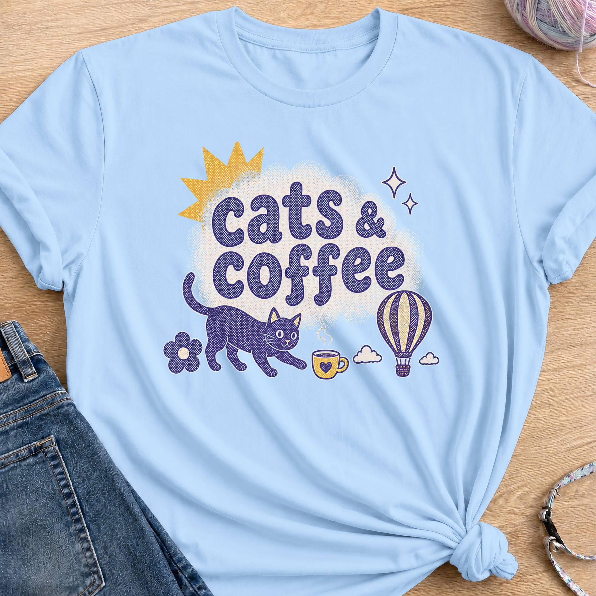 Cats & Coffee T-Shirt — Light Blue